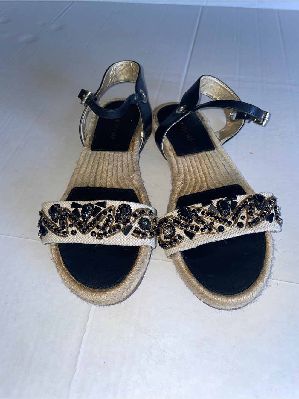 Ivanka Trump Black & Natural Beaded Espadrille Sandals - Women Size 10